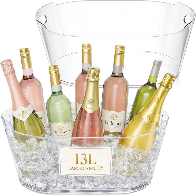 Lifewit 13L Plastic Ice Bucket for Parties 2 Pcs, BPA Free | Large Capacity, Comfortable Handle, Drop-Resistant & Shatterproof PET Beverage Tub for Outdoor Cocktail, Mimosa & Soda Bar