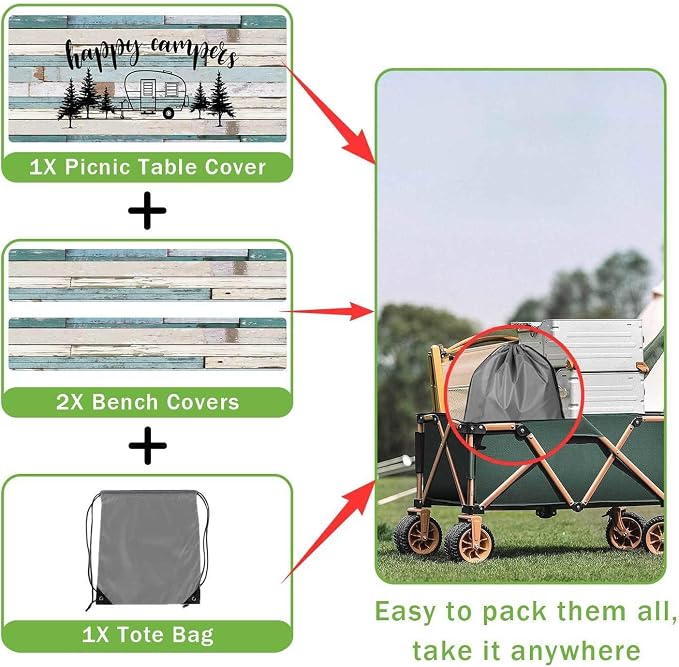 JAWO RV Camper Picnic Table Cover with Bench Covers, Camper Camping RV Essentials Gear Supplies Outdoor Waterproof Windproof Tablecloth with Elastic, 72in