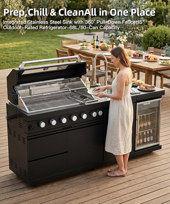 Outdoor Kitchen Island Barbecue Grill with Refrigerator & Rotisserie, Heavy-Duty Stainless Steel Freestanding Grills Station, Weather-Resistant Cooking Cabinet for Backyard & Summer Propane Gas
