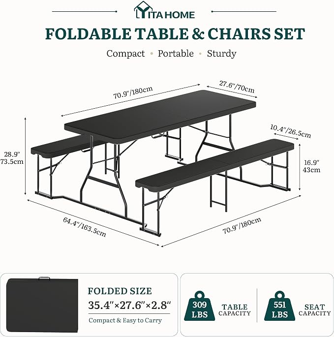 YITAHOME 6ft Outdoor Picnic Table with Wood-Like Tabletop, Sturdy Steel Frame and Umbrella Opening, Heavy Duty Picnic Table Ideal for Yard, Patio, Lawn Gatherings, Black