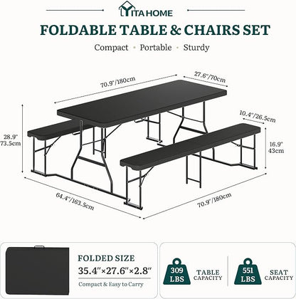 YITAHOME 6ft Outdoor Picnic Table with Wood-Like Tabletop, Sturdy Steel Frame and Umbrella Opening, Heavy Duty Picnic Table Ideal for Yard, Patio, Lawn Gatherings, Black