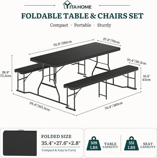 YITAHOME 6ft Outdoor Picnic Table with Wood-Like Tabletop, Sturdy Steel Frame and Umbrella Opening, Heavy Duty Picnic Table Ideal for Yard, Patio, Lawn Gatherings, Black