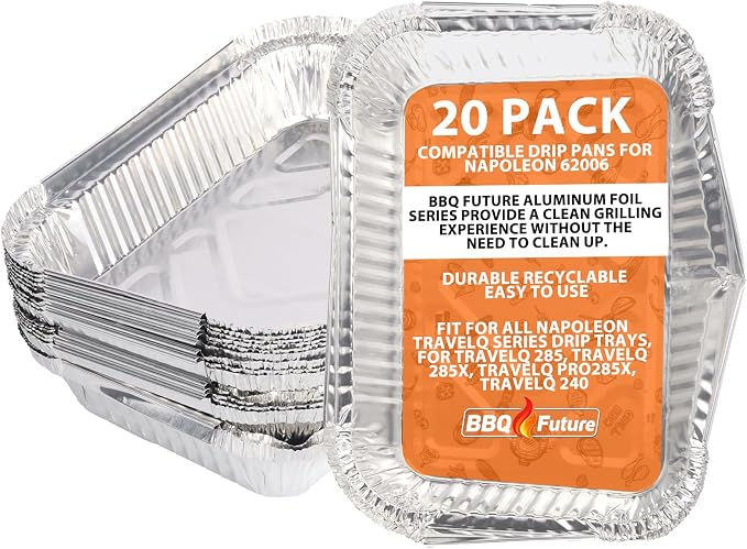 62006 Drip Pans Liners for Napoleon All TravelQ Series, 20 Pack Grease Tray | Grill Accessories for TravelQ 285, PRO285X, PRO285-BK, PRO285X-BK, TQ240-BL, BBQ Disposable Aluminum Foil Replacement Parts