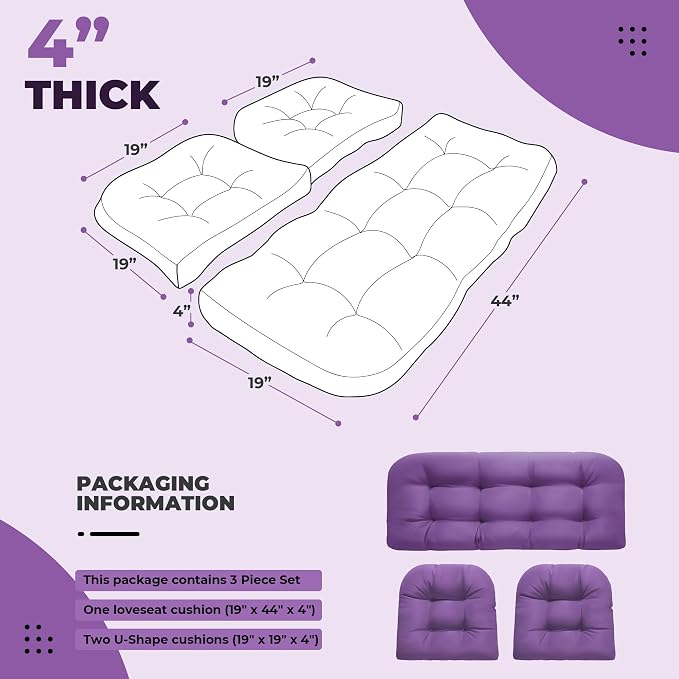 DANGHOOGY Wicker Chair Cushions, Waterproof Outdoor Loveseat Cushions for Patio Furniture, 3 Pieces Wicker Furniture Cushions, 1 Loveseat and 2 U-Shaped Cushions, Purple