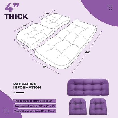 DANGHOOGY Wicker Chair Cushions, Waterproof Outdoor Loveseat Cushions for Patio Furniture, 3 Pieces Wicker Furniture Cushions, 1 Loveseat and 2 U-Shaped Cushions, Purple