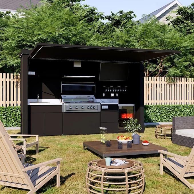 Outdoor Kitchen Pod with 6-Burner Gas Grill, Flip-Up Enclosure, Sink & Storage Cabinet, Prefab Modular Outdoor Kitchen BBQ Island for Patio, Backyard, Garden & Outdoor Cooking (ANTHRACITE)