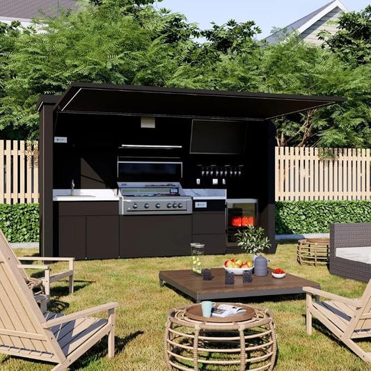 Outdoor Kitchen Pod with 6-Burner Gas Grill, Flip-Up Enclosure, Sink & Storage Cabinet, Prefab Modular Outdoor Kitchen BBQ Island for Patio, Backyard, Garden & Outdoor Cooking (ANTHRACITE)