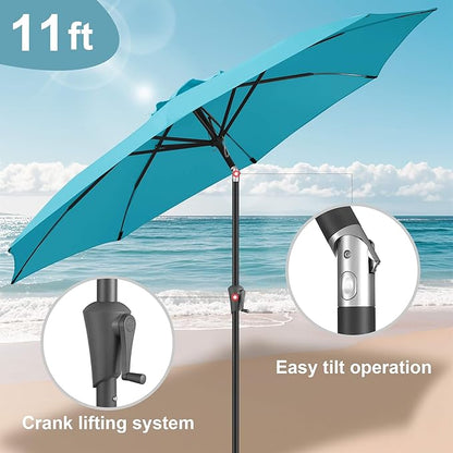 FLAME&SHADE 11 ft Patio Umbrella - Table Umbrella Outdoor with Push Button Tilt and Crank, UV Protection, 8 Sturdy Ribs, Market Umbrella for Garden, Deck, Backyard, Lawn, Pool and Beach(Aquablue)