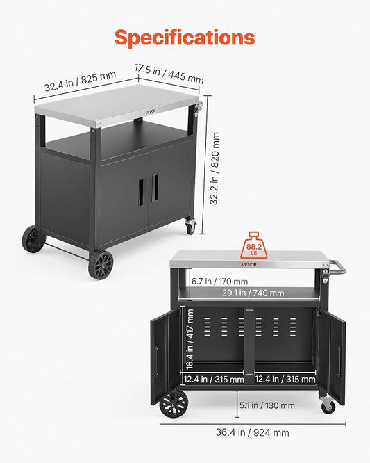 VEVOR Outdoor Grill Cart with Storage Cabinet, 36.4 Inch Grill Table, Waterproof Kitchen Island with Stainless Steel Top, Shelf, and Wheels, Movable Food Prep Station for Patio Bar Backyard BBQ