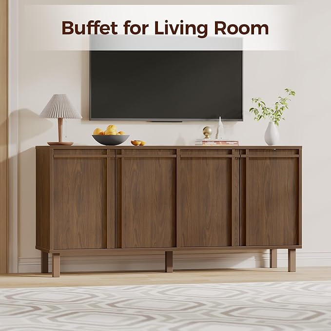 58 inch Sideboard Buffet Cabinet, Modern Credenza with 4 Doors & Adjustable Shelf, Large Coffee Bar Storage for Kitchen, Entryway