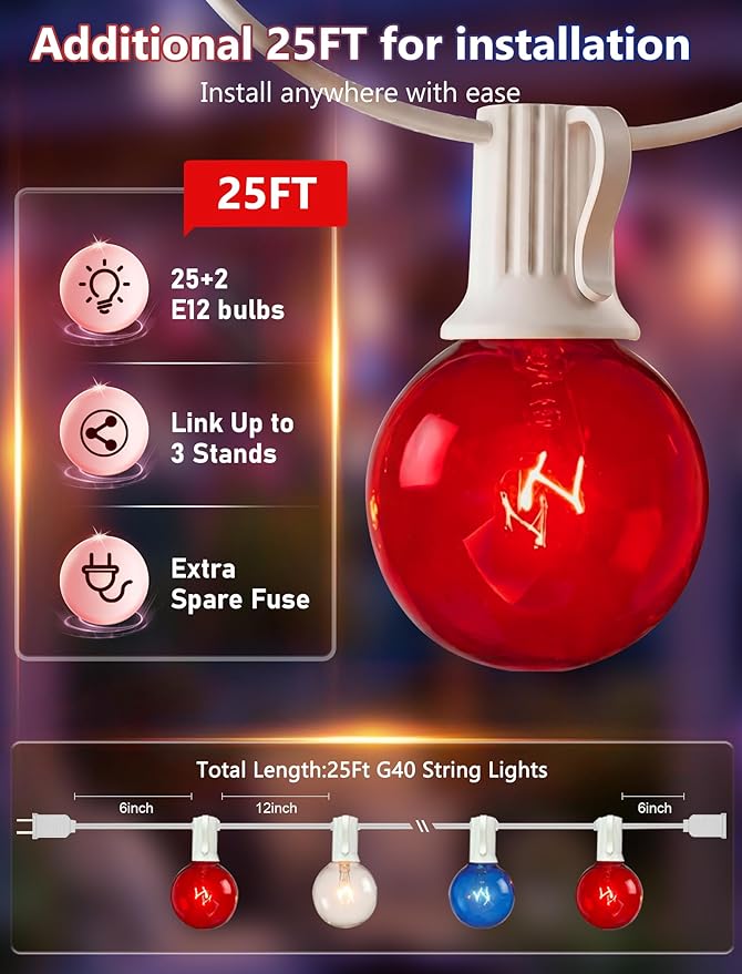 25FT G40 Red White and Blue Lights, 4th of July Outdoor String Lights with 27 Shatterproof G40 Bulbs(2 Spare), Independence Day for Patriotic Party Patio Garden Backyard Decor, 5W
