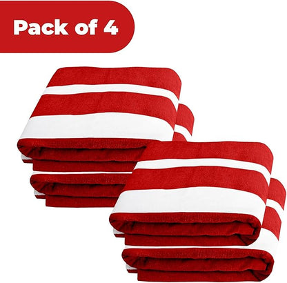 Superior Cabana Cotton Lounge Chair Cover, Outdoor Towel/Chaise Furniture Covers, Terry Cloth, Beach, Spa, Swim Accessories, Pool Chair Cover, Soft, Quick Drying, 32" x 102", Set of 4, Red