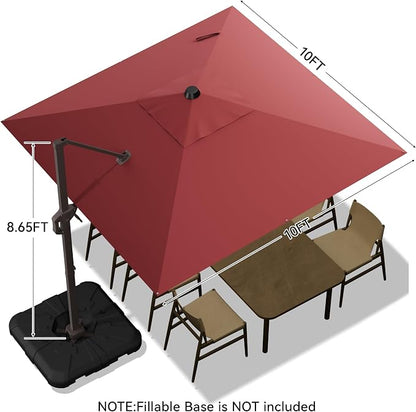 10x10FT Cantilever Outdoor Umbrella, 360° Rotating Large Offset Square Patio Umbrella, Ideal for Garden Backyard Deck Courtyard, Red