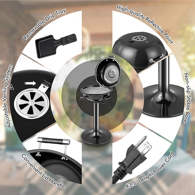 HAPPYGRILL Electric Grill Outdoor, 1600W Barbecue 15-Serving for Indoor & Outdoor Use, Portable Stand BBQ Grill for Cooking Patio Kitchen Garden (Black)