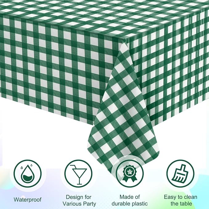 3Pcs Dark Green Gingham Tablecloths, Checkered Party Table Covers 54x108 In | Green and White Checkered Golf Tablecloths, Disposable Waterproof for Golf Camping Barbecue Birthday Party