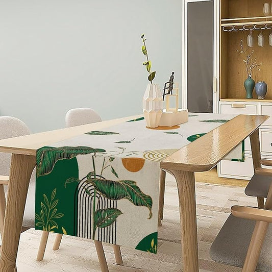 Green Abstract Mid Centruy Table Runner Retro Boho Tropical Leaves Palms Tree Sun Geometric Arch Minimalisted Seasonal Dinner Runner for Farmhouse Kitchen Dining Home Holiday Party 13x36in