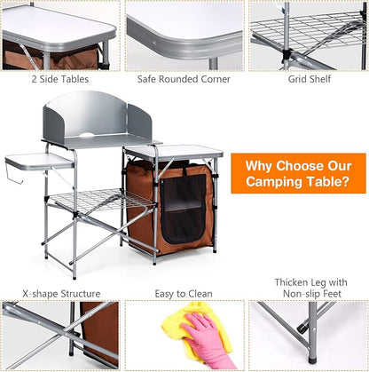 Giantex Folding Grill Table with 26'' Tabletop and Detachable Windscreen, Aluminum Portable Camp Cook Station Carry Bag Quick Set-up, BBQ Camping Picnic Backyard Outdoor Camping Kitchen Table (Brown)