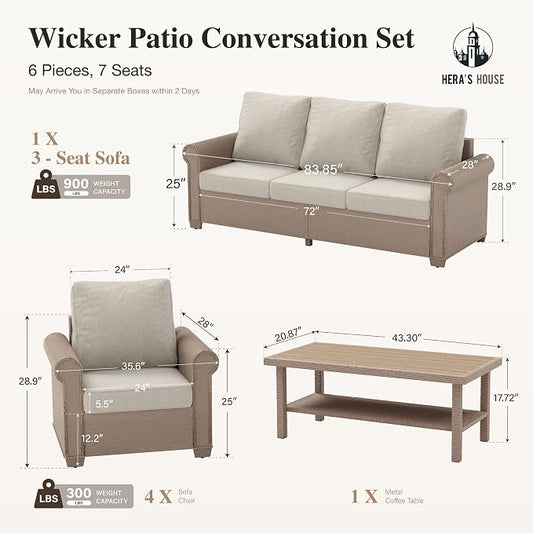 HERA'S HOUSE Patio Furniture Set, 4 x Cushioned Chairs, 3-Seat Sofa with Wood Grain Coffee Table, 5 Seats Luxury Windsor Style All Weahter Outdoor Sofa Conversation Set for Deck Lawn Backyard