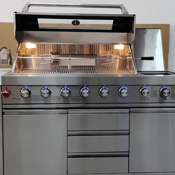 Modular Outdoor Kitchen Island with Built-in Gas Grill & Rotisserie, Stainless Steel BBQ Station with Refrigerator, Sink – Expandable Outdoor Kitchen Pod for Backyard, Deck, Patio, Garden
