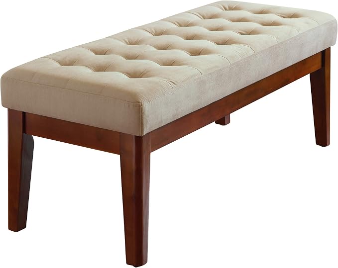 Elle Decor Claire Button Tufted Upholstered Bedroom Bench, Modern Fabric Padded Ottoman with Wooden Legs, Beige