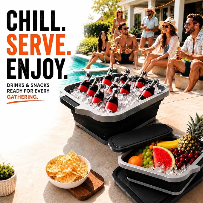 Collapsible BBQ Prep Tub with Lid and Cutting Board, XL Grilling Container | Perfect for Meal Prep, Marinade, Storage, Camping, Barbecue, Smoked, Party, Turkey, Beef, Chicken, Locking Lid, Large Size