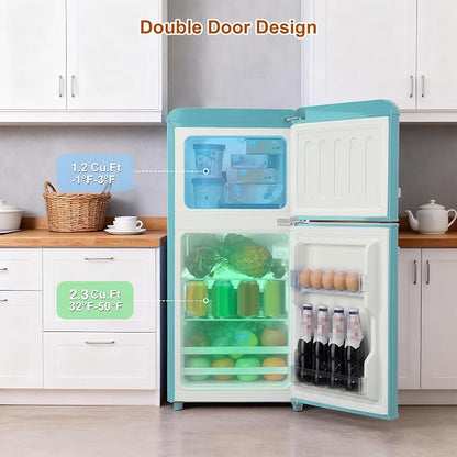 Retro Mini Fridge with Freezer 3.5 Cu. Ft, Small Refrigerator with 7 Level Adjustable Thermostat, Compact Classic Dual Door Fridge Removable Glass Shelves for Apartments, Dorm, Office, Mint Green