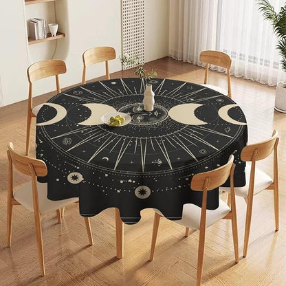 Vintage Moon Sun Round Tablecloth Moon Phase Star Galaxy Zodiac Signs Moonlight Table Cloth Water Resistant Wipeable Table Cover for Farmhouse Picnic Party Holiday Kitchen Dinner Table 60"