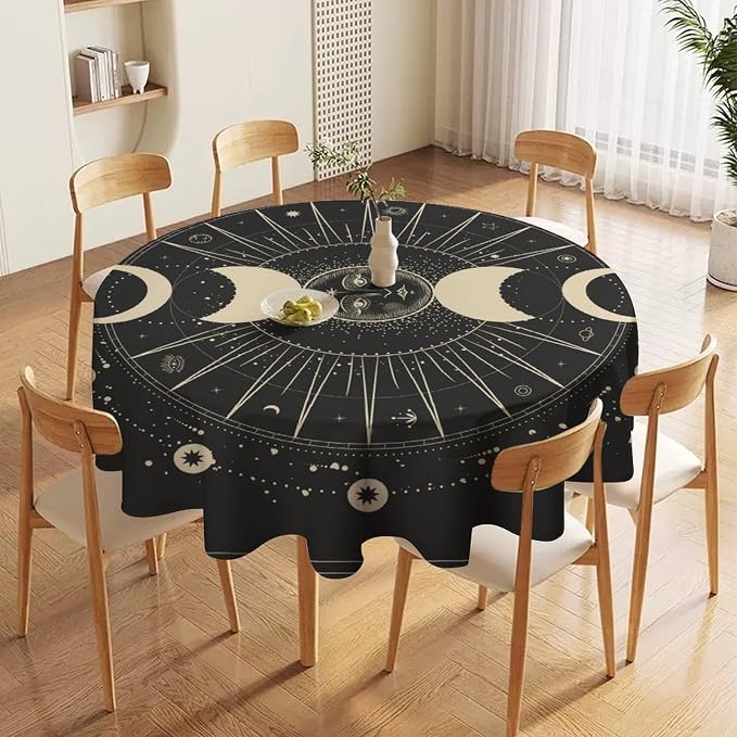 Vintage Moon Sun Round Tablecloth Moon Phase Star Galaxy Zodiac Signs Moonlight Table Cloth Water Resistant Wipeable Table Cover for Farmhouse Picnic Party Holiday Kitchen Dinner Table 50"