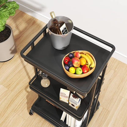 XYZLVSI Bar Cart, Home Bar Serving Cart, 3 Tier Kitchen Shelf with Wheels | Wood and metal, kitchen island storage cart with wheels, multifunction utility cart storage rack for dining room, living room