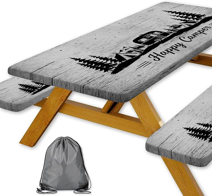 Picnic Table Cover with Bench Covers and Drawstring Bag, Camping Essentials, Happy Camper Camping Tablecloth, Waterproof Windproof Elastic Edges Fitted Rectangle Tables, 3PCS, 30x96 Inch