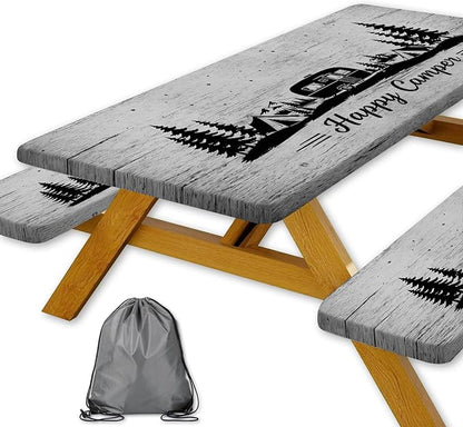 Picnic Table Cover with Bench Covers and Drawstring Bag, Camping Essentials, Happy Camper Camping Tablecloth, Waterproof Windproof Elastic Edges Fitted Rectangle Tables, 3PCS, 30x96 Inch