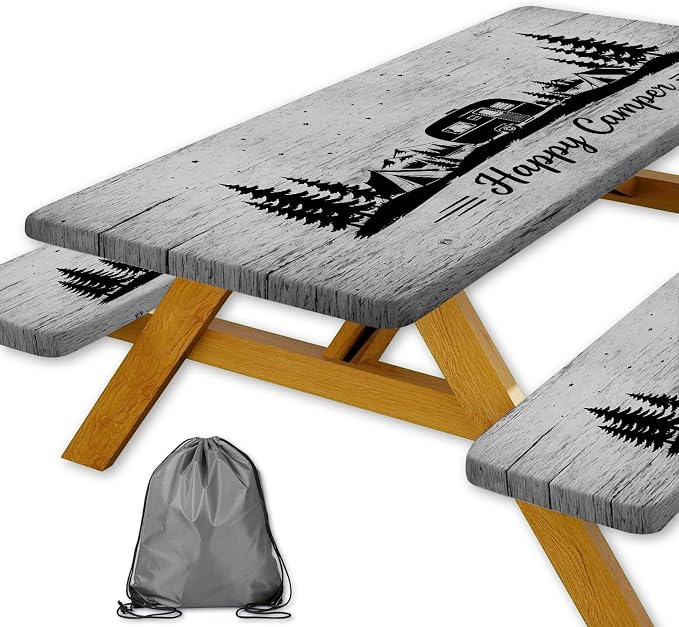 Picnic Table Cover with Bench Covers and Drawstring Bag, Camping Essentials, Happy Camper Camping Tablecloth, Waterproof Windproof Elastic Edges Fitted Rectangle Tables, 3PCS, 30x60 Inch