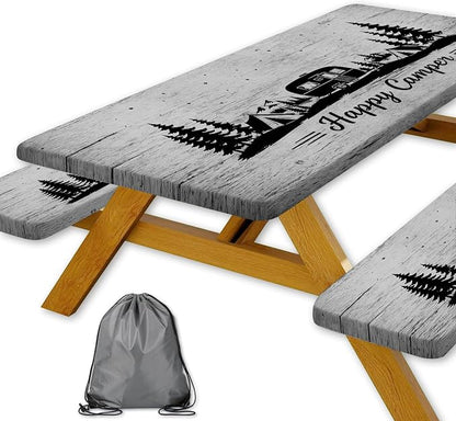 Picnic Table Cover with Bench Covers and Drawstring Bag, Camping Essentials, Happy Camper Camping Tablecloth, Waterproof Windproof Elastic Edges Fitted Rectangle Tables, 3PCS, 30x60 Inch