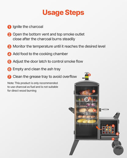 VEVOR Charcoal Offset Smoker, Heavy-Duty Steel BBQ Offset Smoker with Side Firebox, Movable Outdoor Barbecue Smokers with 6 Adjustable Grates, Thermometer & Air Vents for Backyard Patio Party Cooking