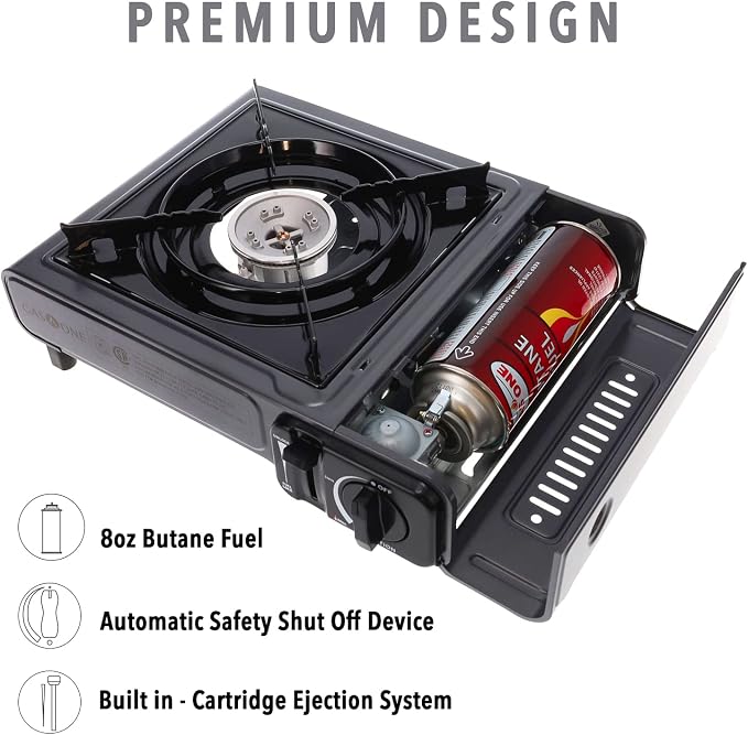 GasOne Portable Butane Camping Stove with Case + 4 Fuel Canister Catridge: Automatic Ignition, Precise Heat Control - Camping & Tailgating and Outdoor Cooking