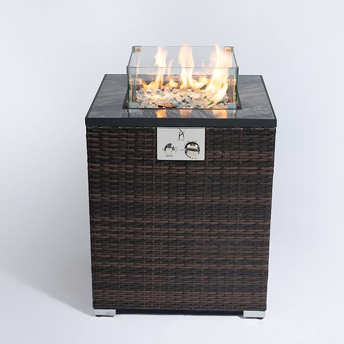KEIKI 24 Inch Small Propane Fire Column, Square Wicker Gas Fireplace with Wind Guard, 50000 BTU Outdoor Heating for Balcony Patio