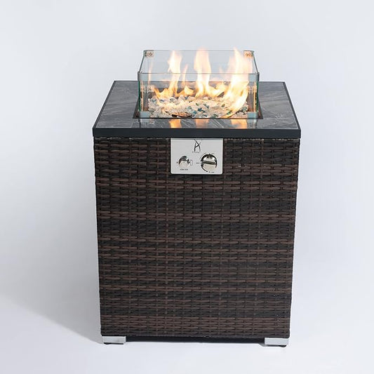 KEIKI 24 Inch Small Propane Fire Column, Square Wicker Gas Fireplace with Wind Guard, 50000 BTU Outdoor Heating for Balcony Patio