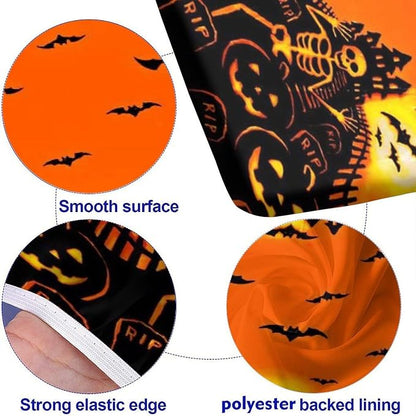 Halloween Elastic Edge Fitted Tablecloth, 3 Pieces Set, Happy Halloween Pumpkin Elastic Picnic Tablecloth and Bench Seats Table Cover for Outdoor Picnics/Holiday/Party Use, 72x28 in
