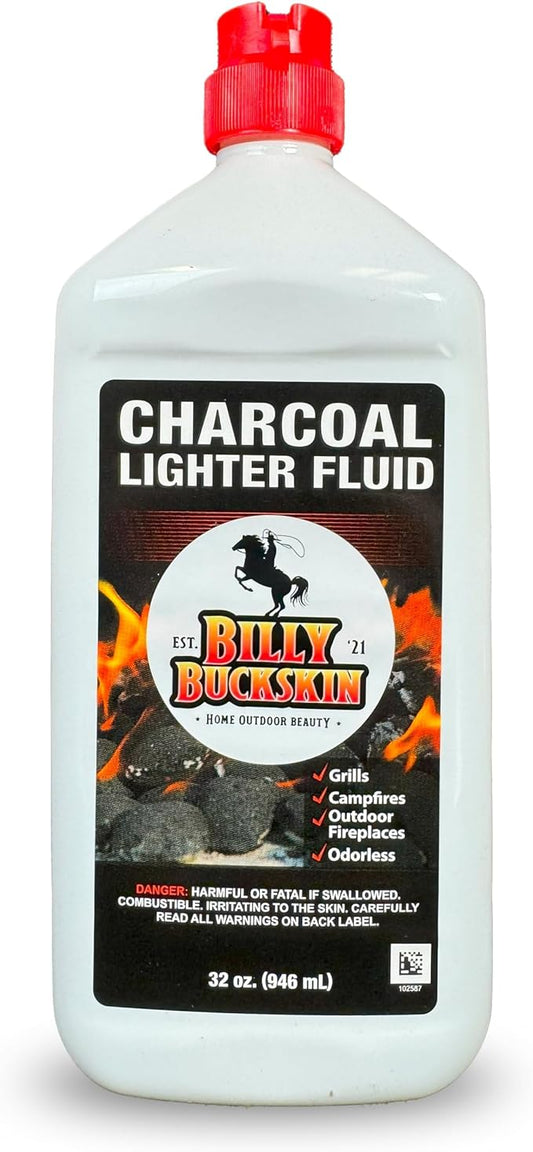 Charcoal Lighter Fluid (1 Quart) - Clean Burning, Low Odor & Fast Lighting Lighter Fuel - Perfect Fire Starter Fluid for Outdoor BBQ, Grilling, Camping, Charcoal & Wood Fires by Billy Buckskin