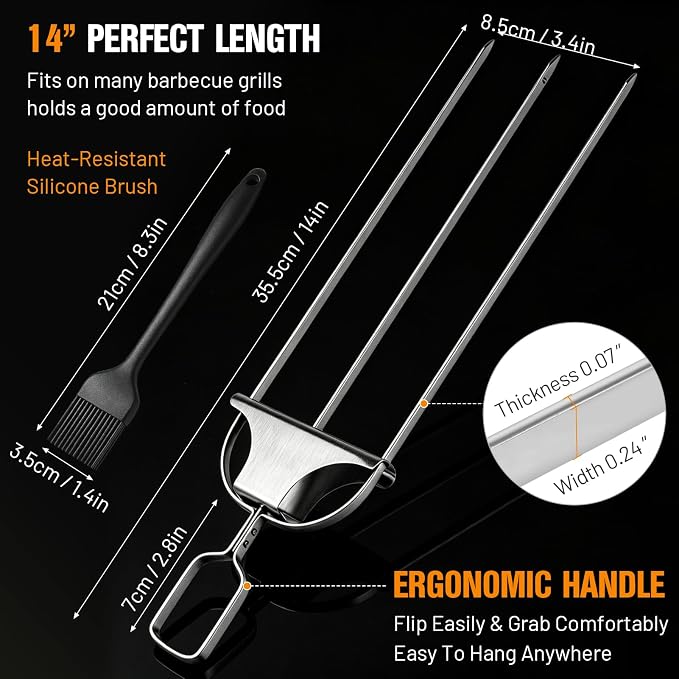 3 Prong Skewers for Grilling, Reusable Metal Kabob Skewers | 14.7" Stainless Steel BBQ Skewer with Push-Off Slider, Outdoor Grill Accessories, for Barbecuing, Grilling