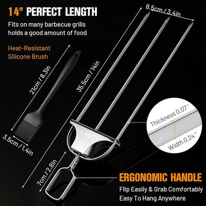 3 Prong Skewers for Grilling, Reusable Metal Kabob Skewers | 14.7" Stainless Steel BBQ Skewer with Push-Off Slider, Outdoor Grill Accessories, for Barbecuing, Grilling