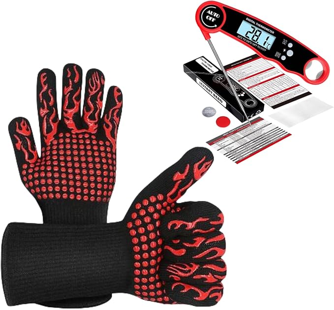 Heat Resistant Gloves BBQ Grilling Gloves for Men Women Kitchen Gloves Up to 1472°F+ Meat Thermometer Probe Auto-Off for Barbecue,Grill,Cooking, Baking, Cutting