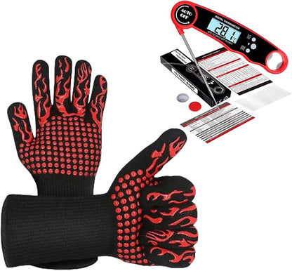Heat Resistant Gloves BBQ Grilling Gloves for Men Women Kitchen Gloves Up to 1472°F+ Meat Thermometer Probe Auto-Off for Barbecue,Grill,Cooking, Baking, Cutting