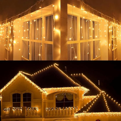 Joomer 19FT Christmas Icicle Lights Outdoor Connectable Warm White | 30 Drops 8 Modes Timer Waterproof Plug-in String Light for Christmas Party, holiday Eaves Roof yard Xmas Decorations