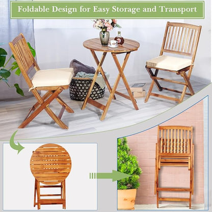 FANTASK 3 Pieces Folding Acacia Wood Bistro Set, Patio Furniture Set with Cushions & 1 Round Table, Indoor Outdoor Bistro Table and Chairs Set of 2 for Patio, Garden, Poolside, Porch, Lawn (Beige)