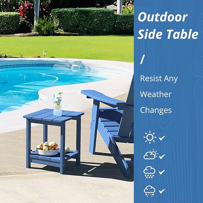 LUE BONA Outdoor Side Table, 2-Tier HDPS Small Patio Table, Navy Blue | 2-Tier Shelf for Extra Storage, Small End Table for Pool, Porch, Balcony, Weather Resistant HDPS, Easy Clean