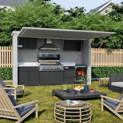 Outdoor Kitchen Pod with 6-Burner Gas Grill, Flip-Up Enclosure, Sink & Storage Cabinet, Prefab Modular Outdoor Kitchen BBQ Island for Patio, Backyard, Garden & Outdoor Cooking (TITANIUM)