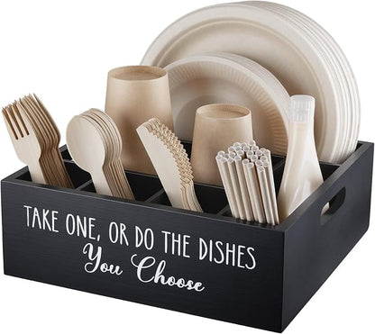 ALELION Paper Plate Dispenser for Countertop - Wooden Utensil Holder Organizer for Party - Silverware Caddy for Plate, Cup, Fork, Spoon - Cutlery Holder with Handles for Kitchen Camping Buffet