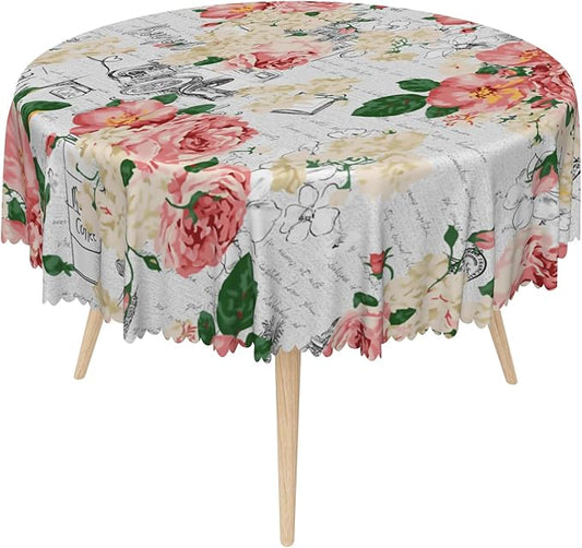 Modern Flowers Tablecloth 60 Inch Circle Vintage Style French Flower Seasonal Washable Wrinkle Free Spill Proof Polyester Wedding Birthday Round Table Cover for Dining Table Farmhouse Kitchen