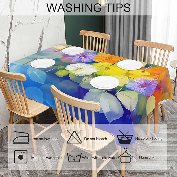 Tablecloth Abstract Floral 52 X 70 Inch, Watercolor Flowers Blur Blue Yellow Oblong Table Cloths Anti-Shrink Decorative Table Cover for Kitchen Dinning Tabletop Outdoor Picnic BBQ